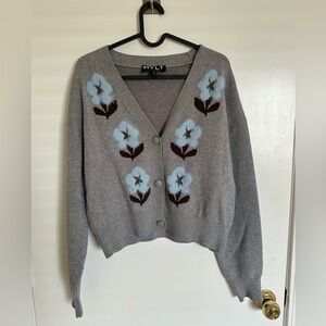 NVLT Gray Button-Front V-Neck Cardigan with Blue Floral Accents